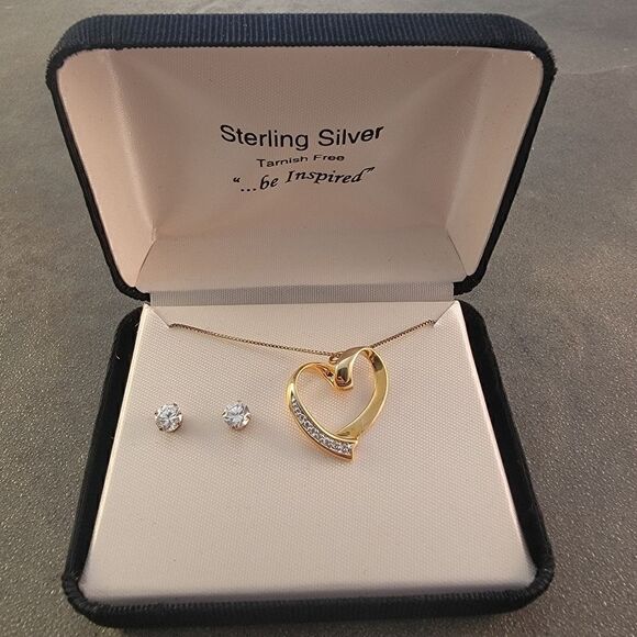 Gold Over Sterling Crystal Open Heart Pendant Necklace Earrings Set - New… - Picture 3 of 6